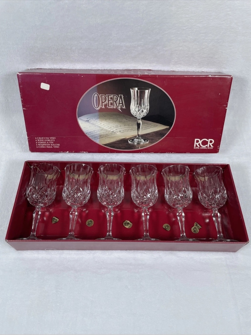 SET OF 6 Royal Crystal Rock RCR Opera Wine Goblet Glasses 7” H Made In Italy